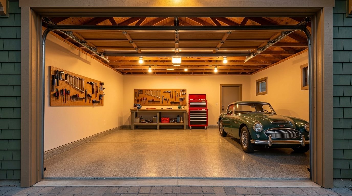 Eoin Local Garage Door Service Interior View of Custom Garage Door Overhead and Workshop